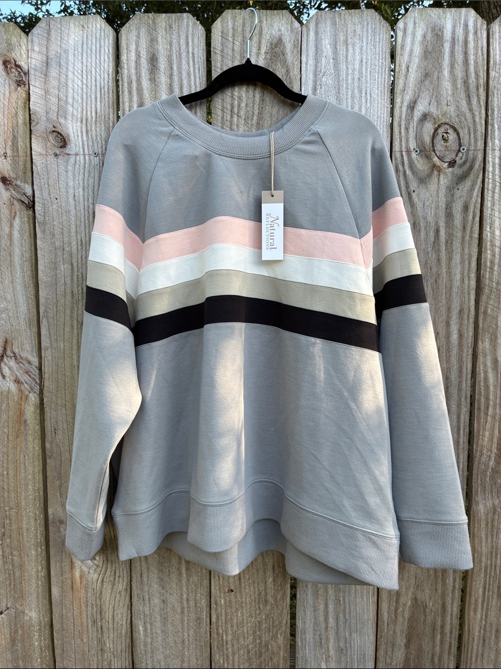 Natural Reflections Gray Sweatshirt with Pink, White, Tan & Black Stripes